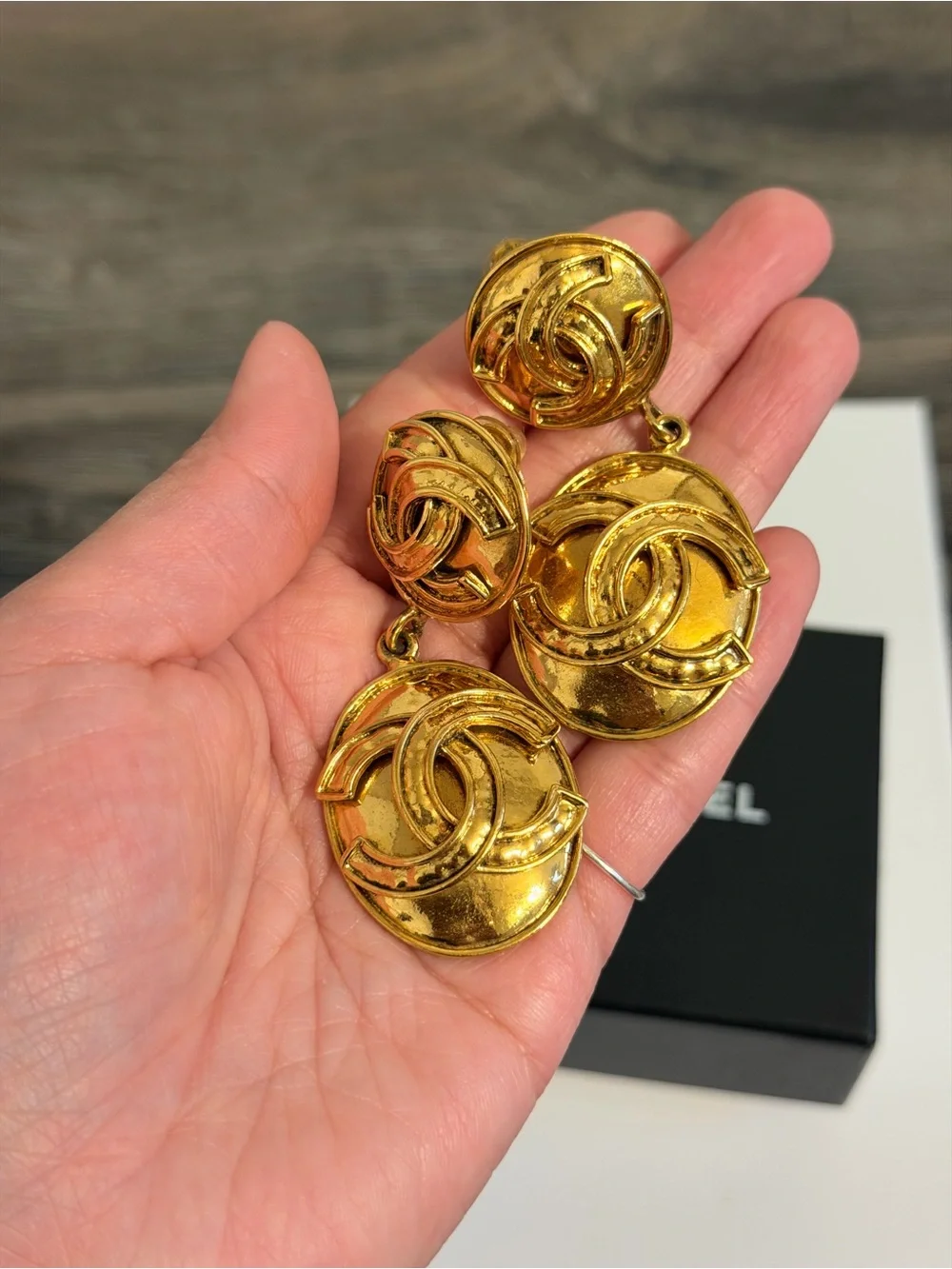CHANEL Vintage Gold CC Medallion Drop Clip On Earrings